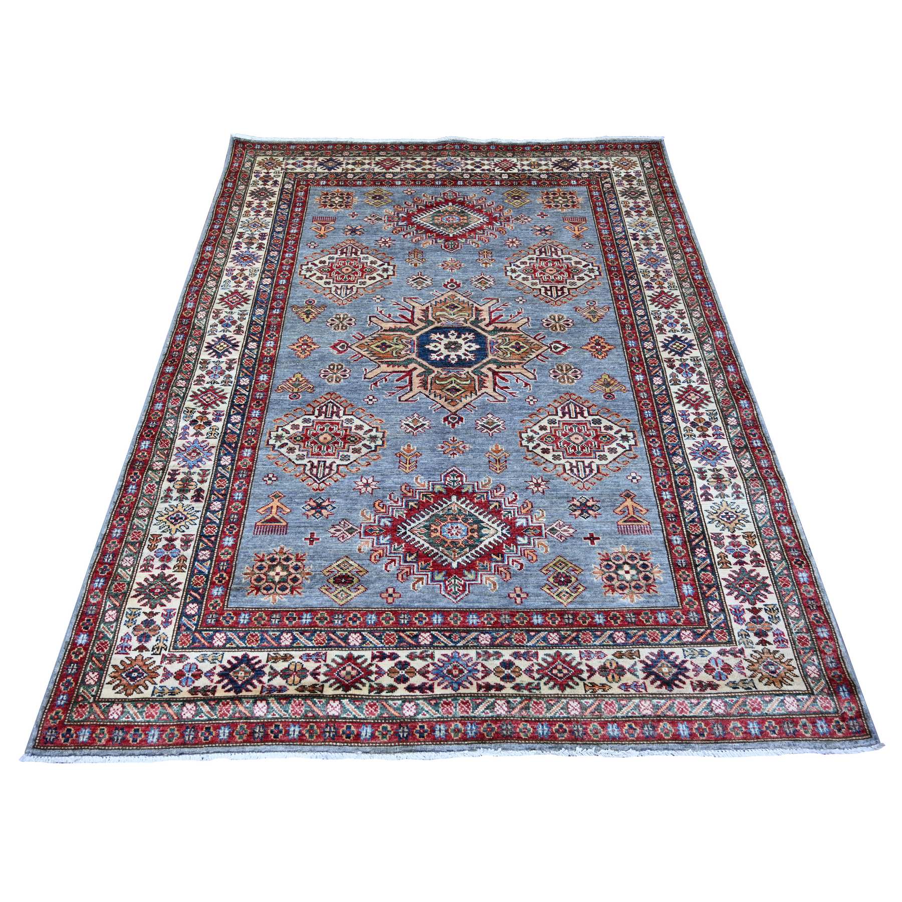 Misty Gray, Afghan Super Kazak with Geometric Medallions Design, Hand Knotted, Soft and Velvety Wool, Vegetable Dyes, Oriental Rug